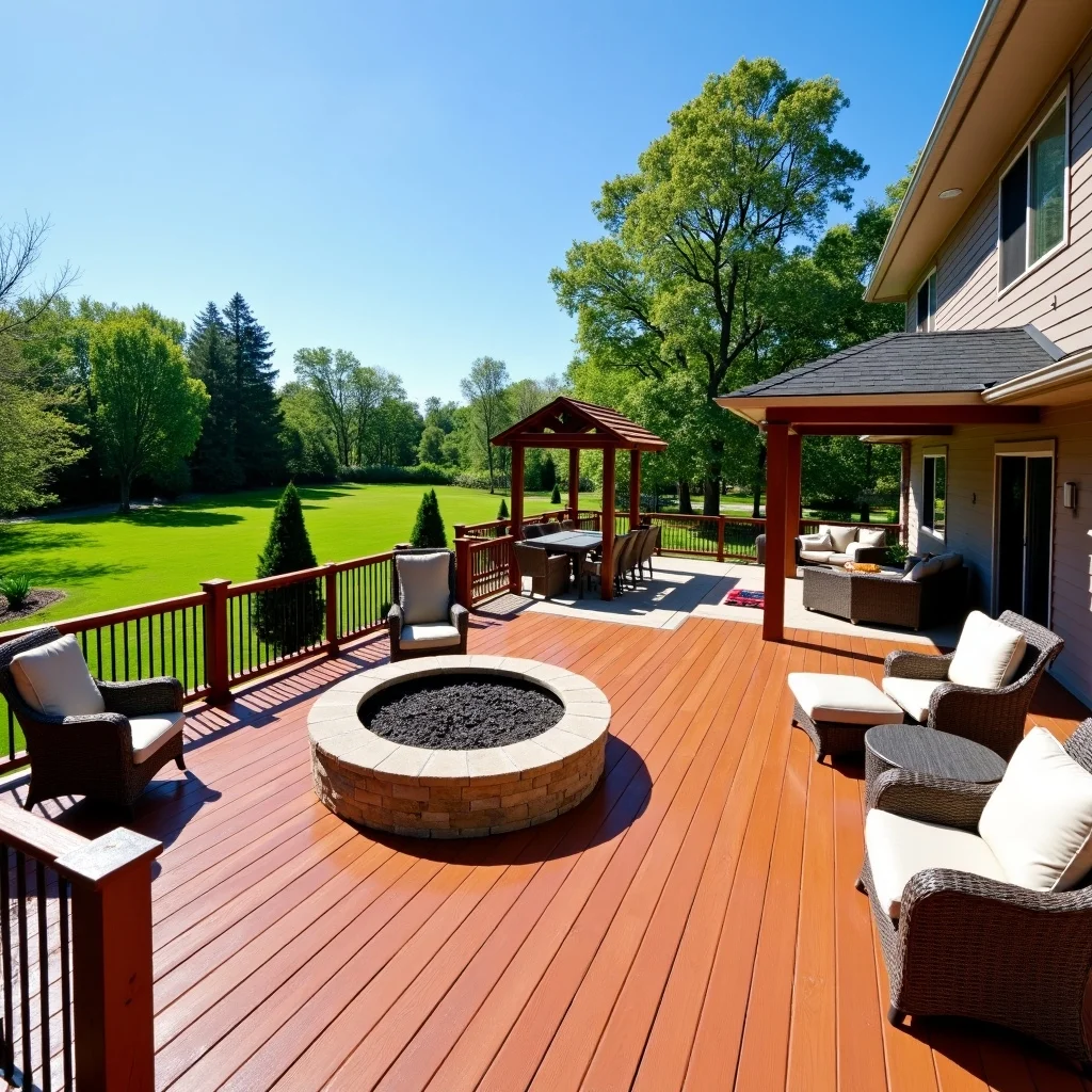 Luxury custom timber deck with outdoor chairs and fire pit