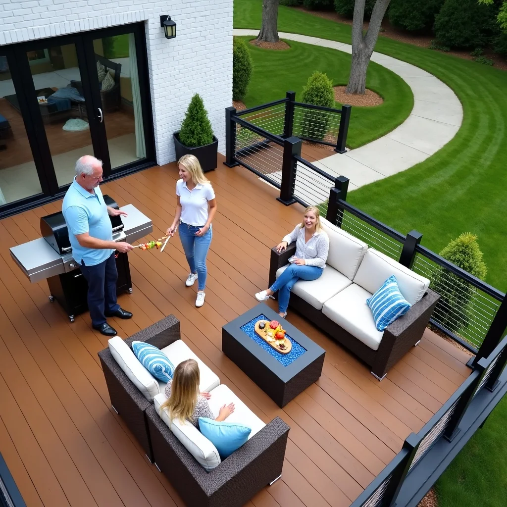 Luxury wood deck with seating layout and family barbecue