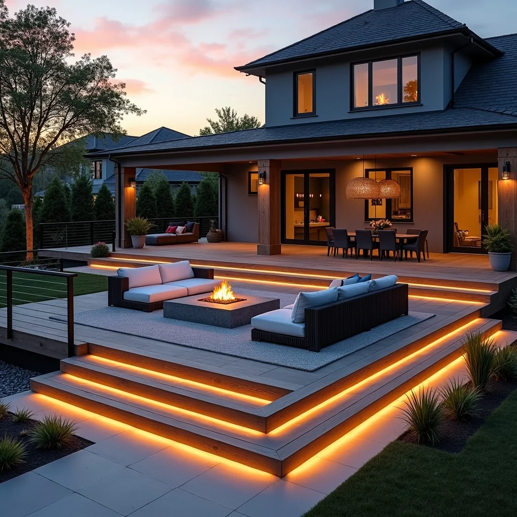 Custom multi-level deck construction with built-in lighting