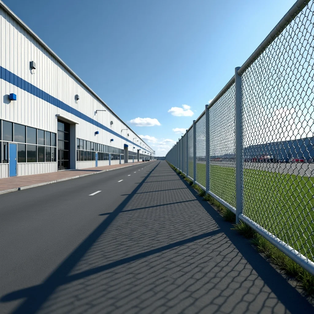 Commercial security chain link fence along a warehouse driveway