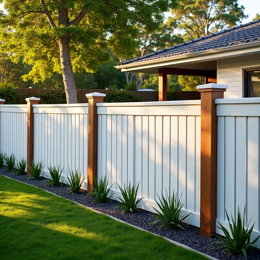 Modern white and wood horizontal slat privacy fence with plants