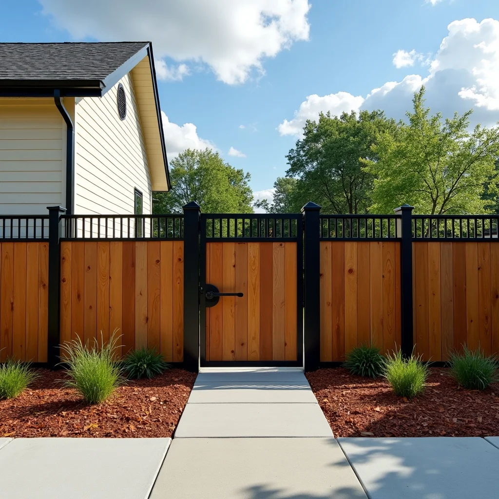 Clean cedar wood privacy fence with vertical boards and locked gate