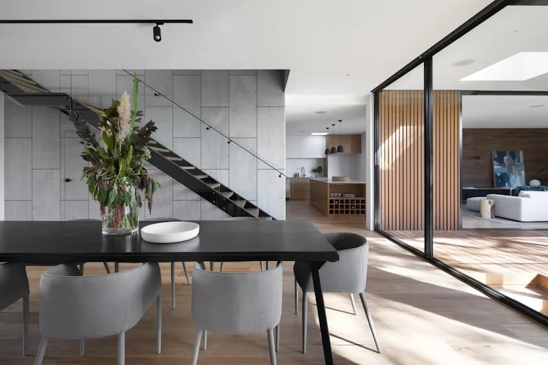 Renovated wooden staircase detailing in modern house
