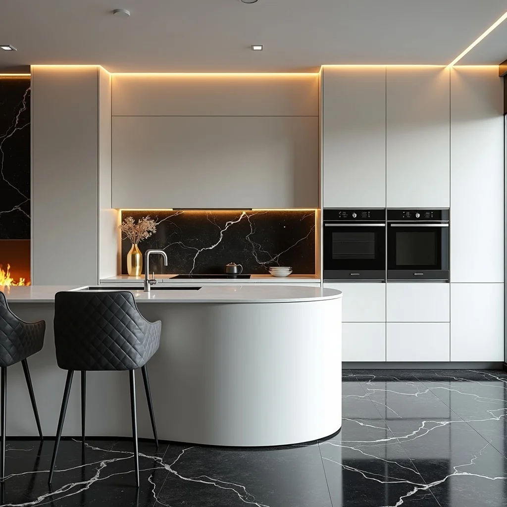 Luxury modern kitchen with black marble floor and backsplash