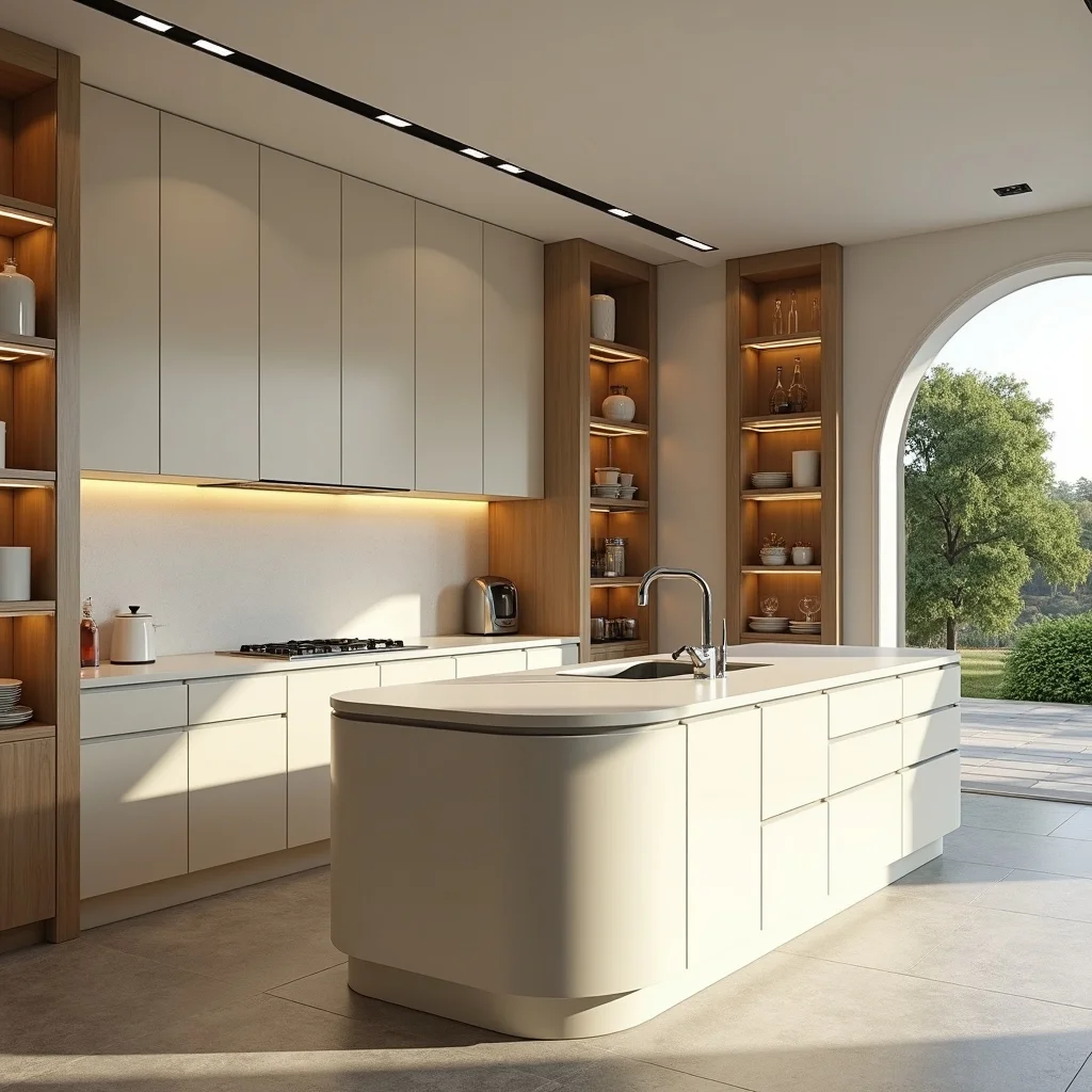 Modern kitchen with wood accents and tracking lights