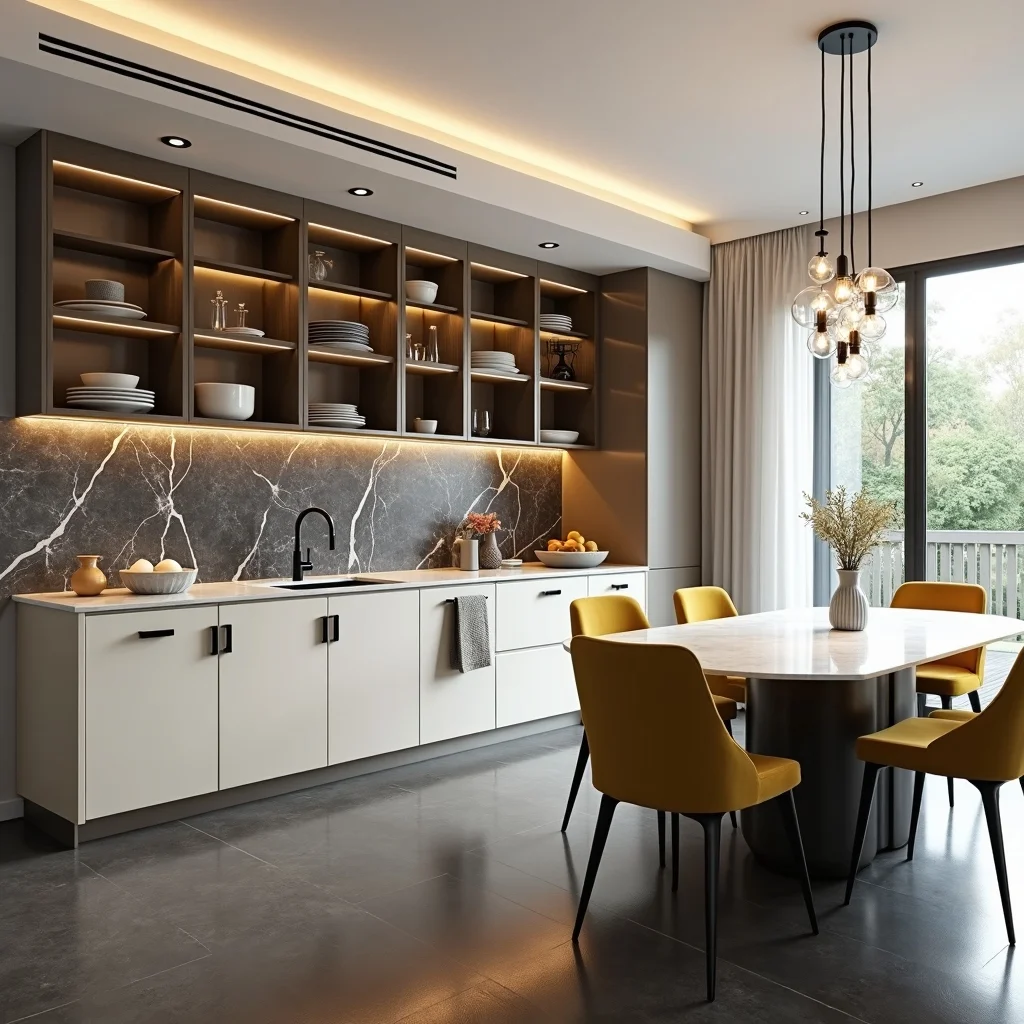 Warm custom kitchen with yellow chairs and modern bubble pendant