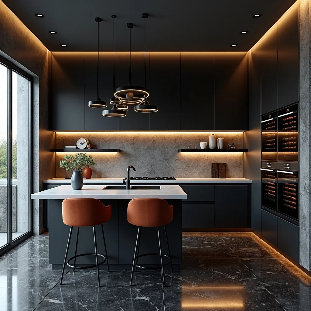 Luxury dark kitchen with bar stools and wine refrigerators
